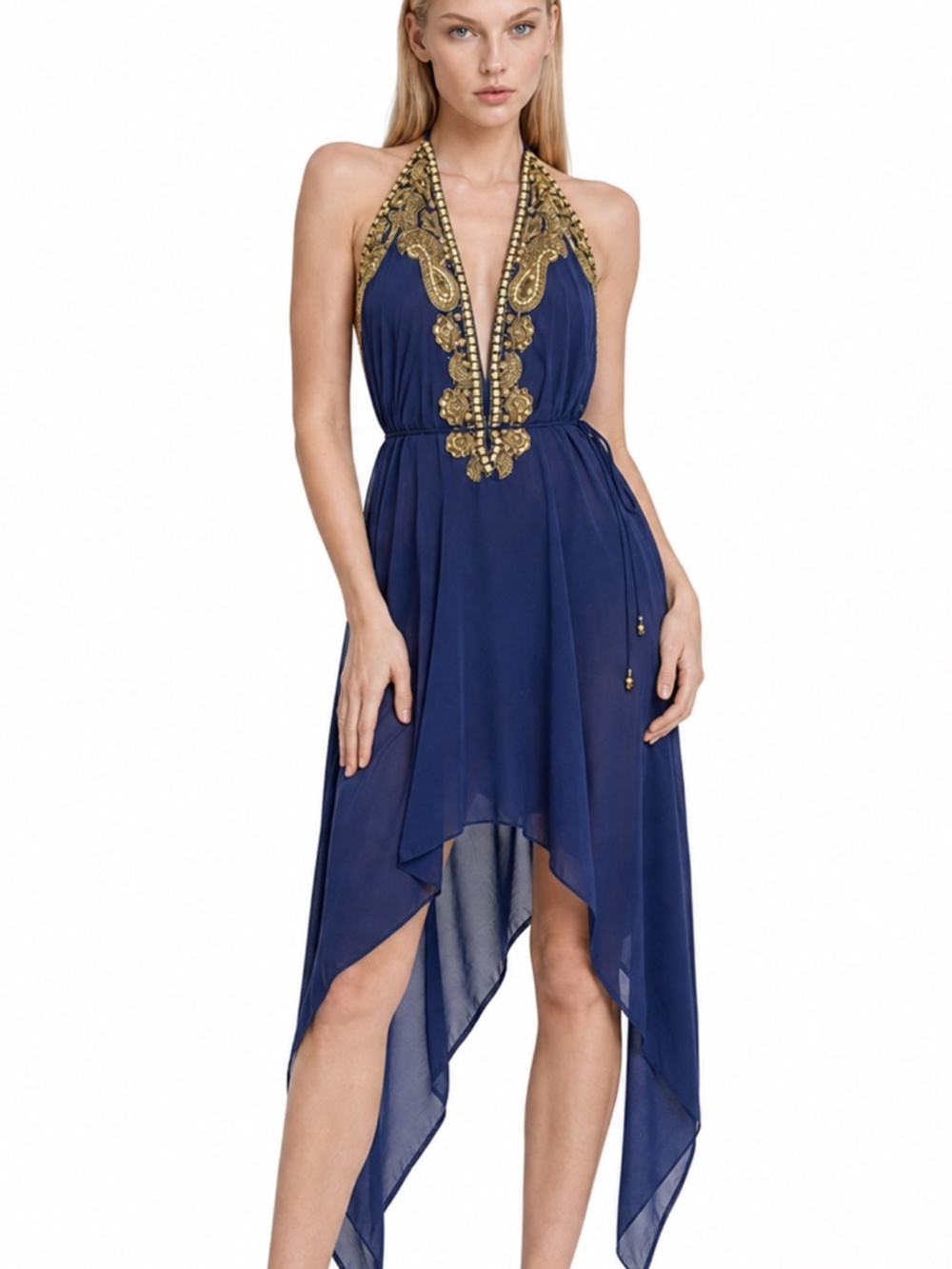 Designer Navy Blue Bridesmaid Halter Dress Gold Hand Beaded High Low Open Back